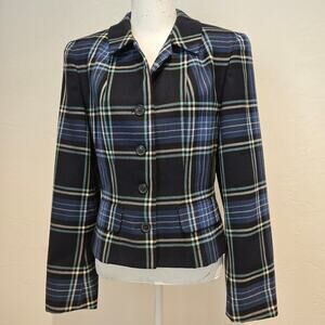 Brooks Brothers Cropped Fitted Blue Wool Plaid Button-Up Collared Jacket, Size 8